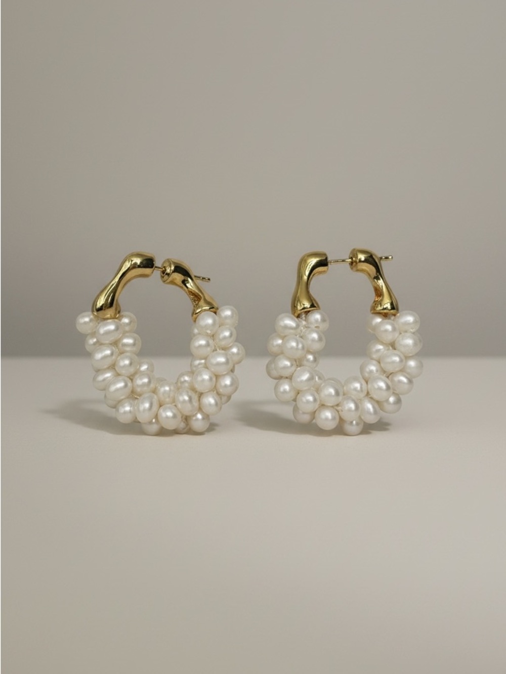 Gold Pearl Cluster Hoop Earrings - White Pearls